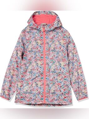 Joules Floral Hooded Rain Jacket in Multicolor with Coral Zipper size 6